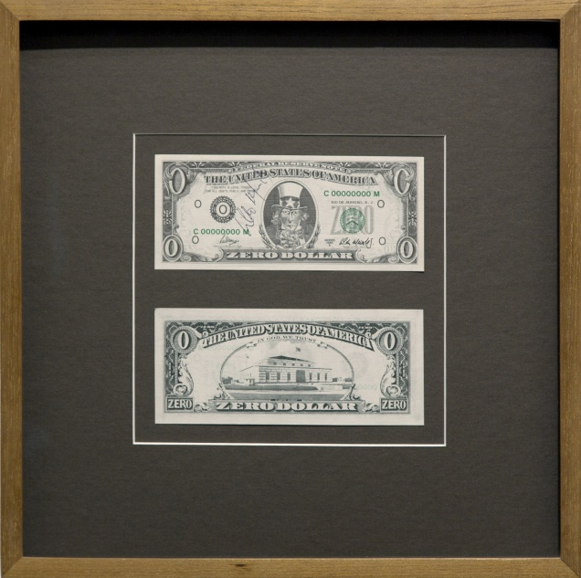 Zero Dollar | 1978/84 | Offset | 6,5 x 15,5 cm (cada nota), 34 x 34 x 4 cm (emoldurado com duas notas) | Múltiplo